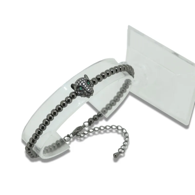 

5pcs Fashion Leopard Head Pave White CZ Beads Men Bracelets 4mm Round Beads & Gold Link Chain Bracelet For Women Jewelry