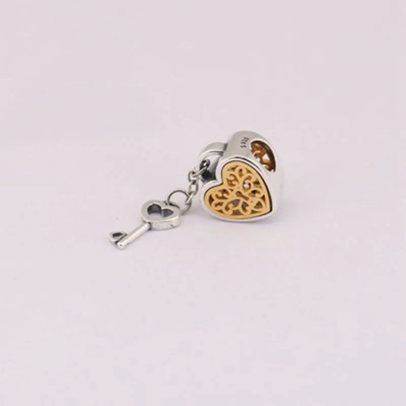 Openwork Gold color Love Heart Charm Bead 925 Sterling Silver Key love Locked Diy Beads Fit Bracelets Wholesale Jewelry | Украшения и