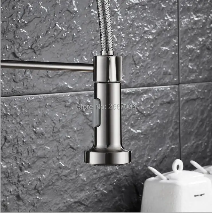 Free shipping High Quality Brushed Nickle Brass Spring Kitchen Faucet Two Spouts Pull Out Deck Mounted Mixer Tap ZR660 | Обустройство