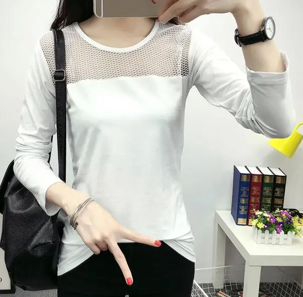 Large size 2016 Solid Color Splice Hollow Out Net Yarn women Casual O-Neck Long sleeve T-Shirts Female clothing New | Женская одежда