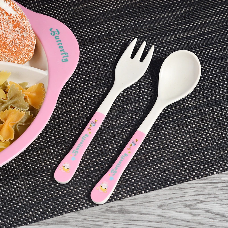 4 PCS Cute Children Tableware Set Baby Bamboo Fiber Cartoon Cup Tablespoon Plate Dishes for Kids children Feeding | Дом и сад