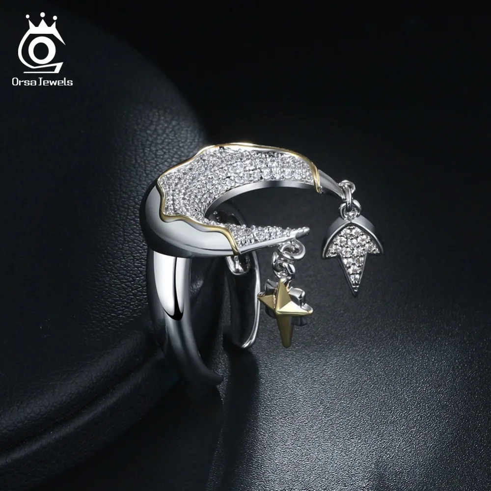 ORSA JEWELS женские кольца на палец серебряного цвета с золотым цветом 23 мм Луна и Висячие метеоритные блестящие CZ регулируемые женские ювелирные изделия OR185