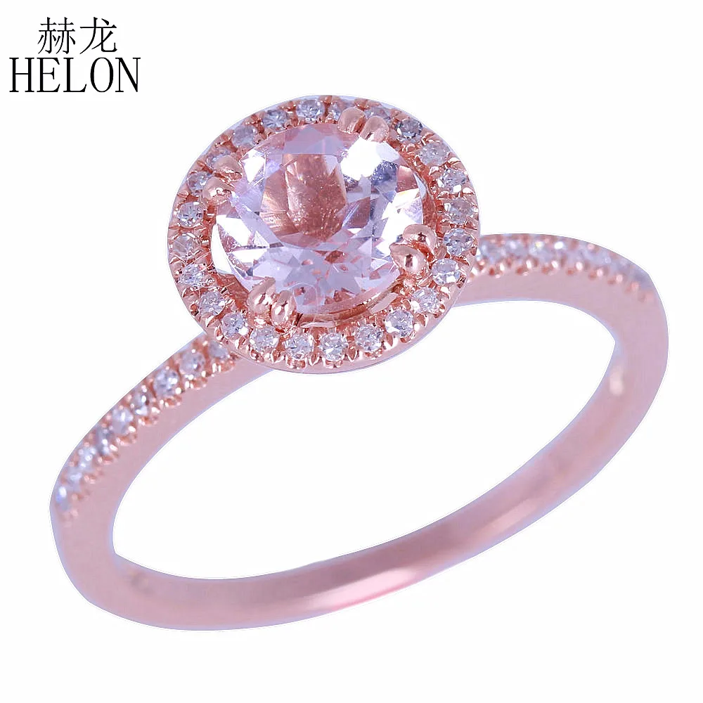 HELON сертифицированное круглое кольцо с розовым морганитом с натуральным бриллиантом для женщин Настоящее 14 к розовое золото Помолвочное, обручальное кольцо изысканное ювелирное изделие