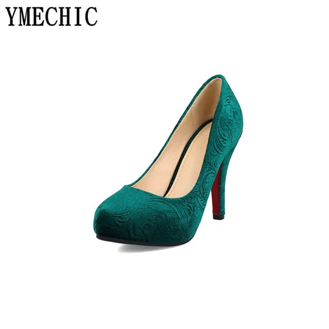 YMECHIC/2018 осенние модные туфли лодочки из флока с рельефным цветком Цвет зеленый