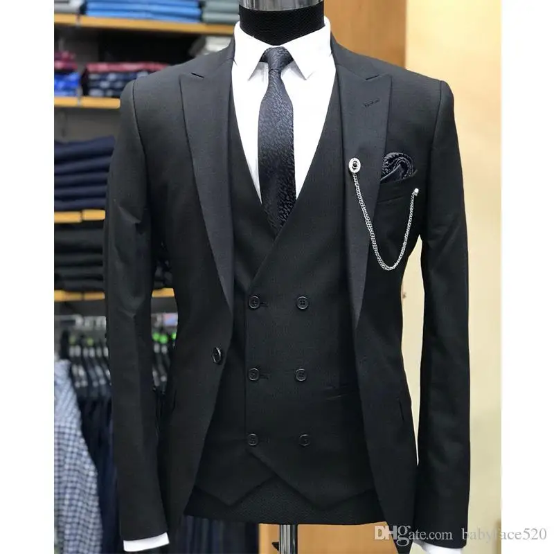 

2019 Custom Made Black Wedding Men Suits for Groom Tuxedos Peaked Lapel Blazer Three Piece Double Breasted Vest Best Man Suits