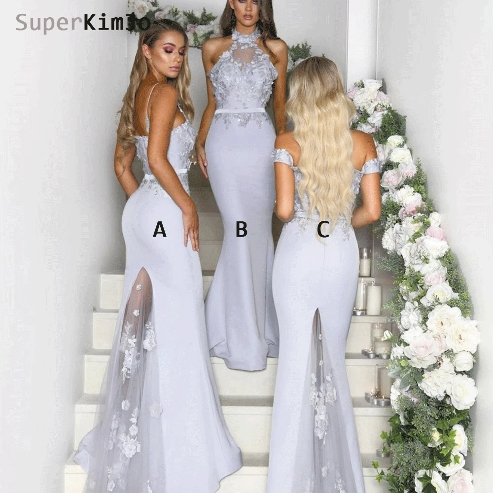 

SuperKimJo Vestido Longo Silver Bridesmaid Dresses Long 2020 Cheap Mermaid Lace Applique High Neck Wedding Guest Dress
