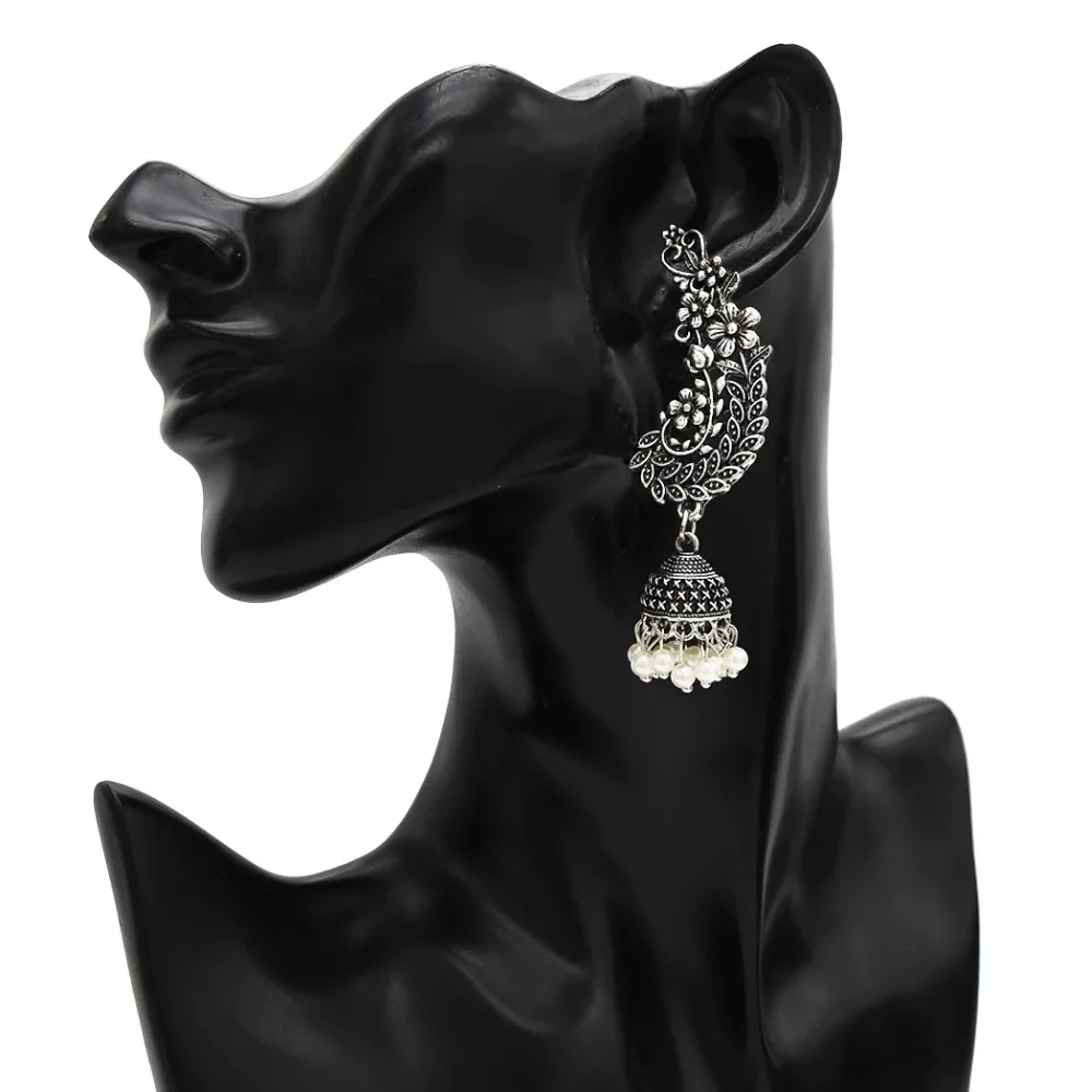 Индийские окисленные серебряные Висячие серьги для женщин Boho Jhumka резной цветок жемчуг бусина Эффектные серьги ювелирные изделия из турецкой турки