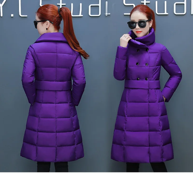 purple Двубортный зимний женский пуховик из хлопка s Новая модная тонкая теплая Толстая длинная куртка повседневная хлопковая куртка для женщин 3XL - Цвет: purple