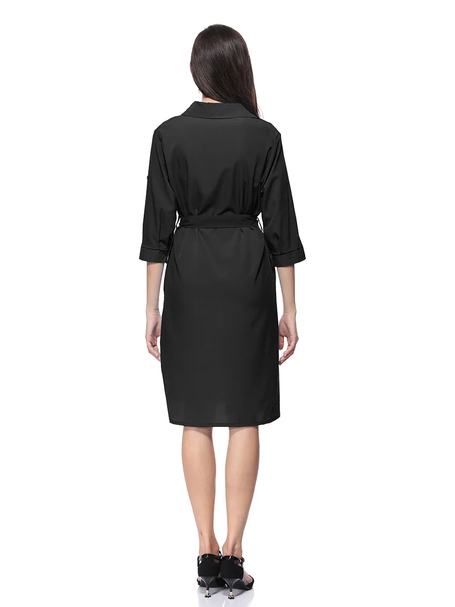 2019 летнее платье Женская мода Повседневная однотонный лацкан Обрезанные рукава