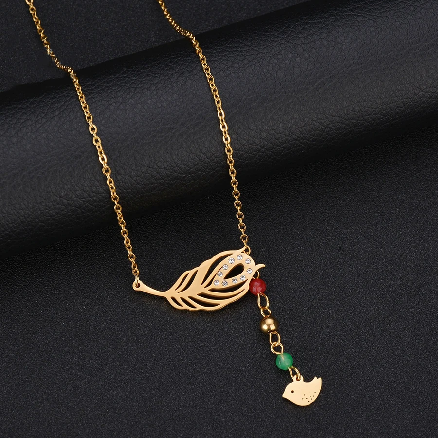 Nextvance Natural Stone Clavicle Choker Feather Pendant Stainless Steel Tassel Jewelry Bird Keepsake For Women | Украшения и