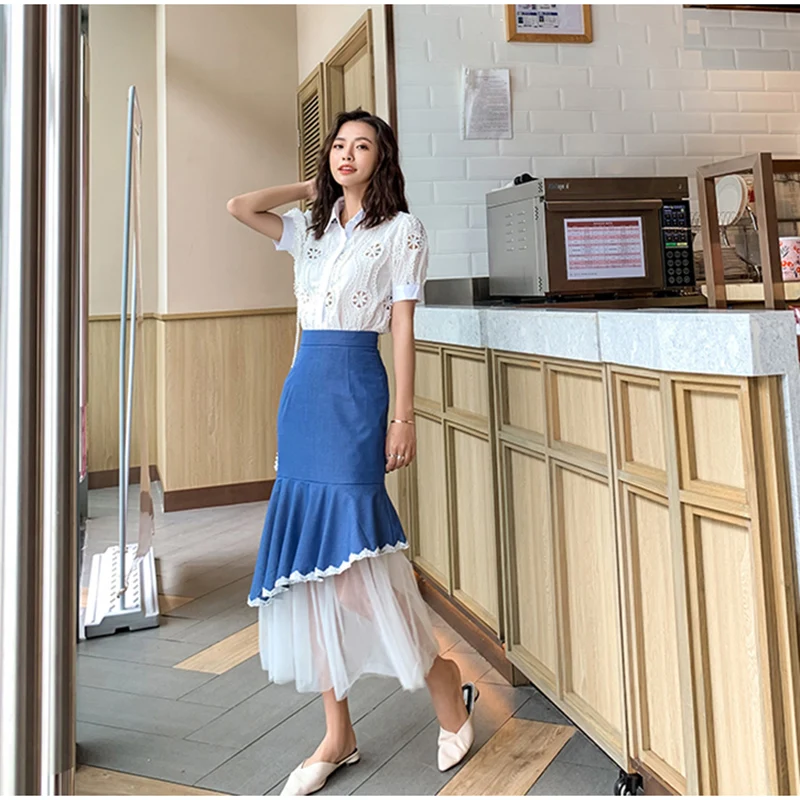 HIGH STREET/Новинка 2019 стильный костюм для подиума комплект женская блузка с вышивкой