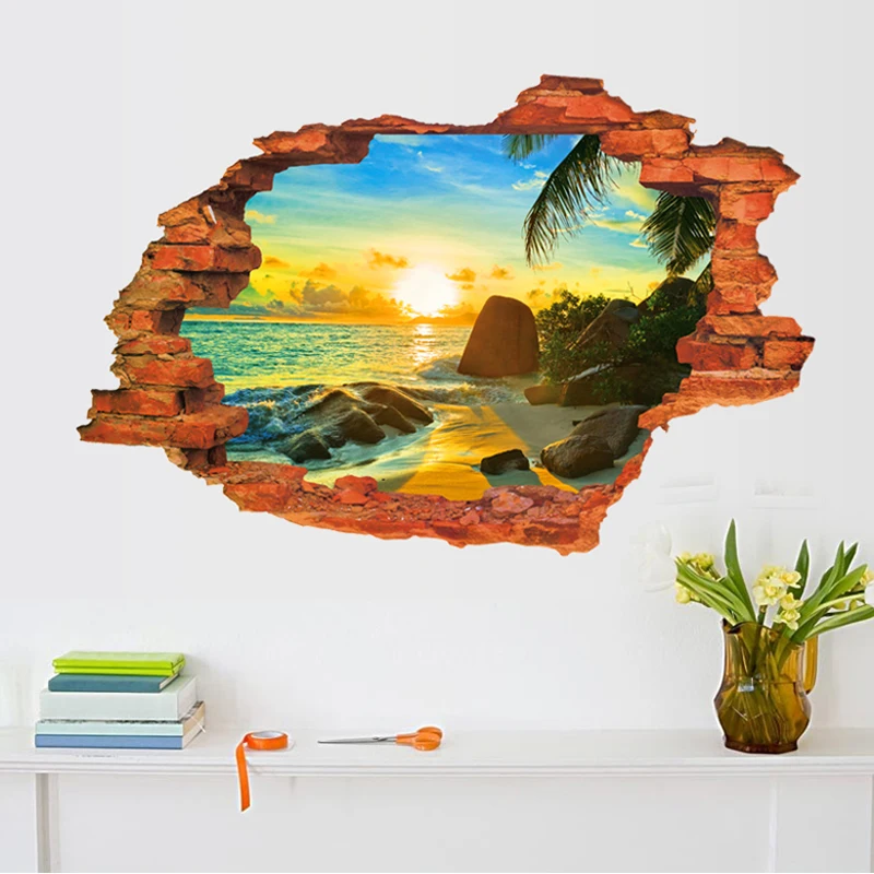 

3D Broken Sunset Scenery Seascape Island wall sticker living room bedroom removable backdrop home decoration decals art Stickers