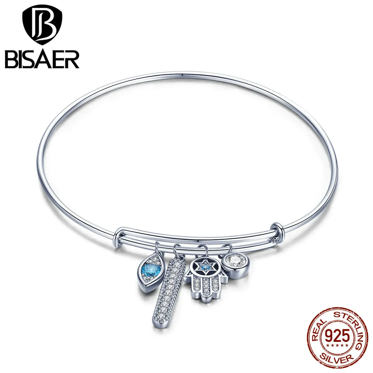 BISAER 925 пробы Серебряный счастливый синий сглаза Хранитель регулируемые браслеты браслет для женщин подлинные серебряные ювелирные изделия ECB128