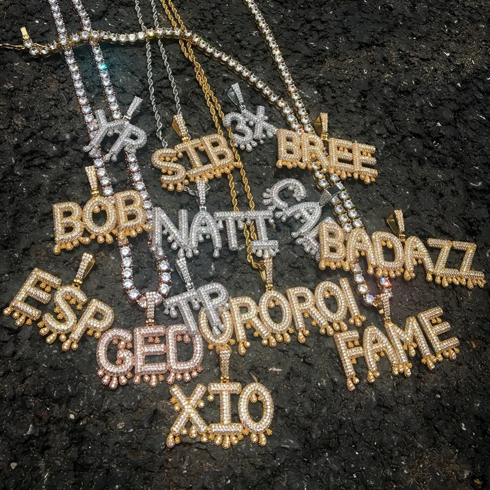 Uwin Custom Words Name Pendants Dripping Bubble Initial Letters With 4mm CZ Tennis Chain Pendant Full Gold Color Iced Jewelry