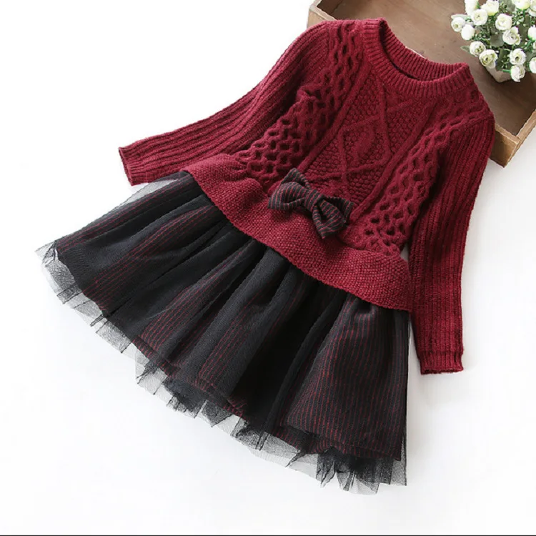 Winter Dresses For Kids Girls Long Sleeve Knitted Sweater Pullover + Voilce Tutu Dress Children Girl SY | Детская одежда и обувь