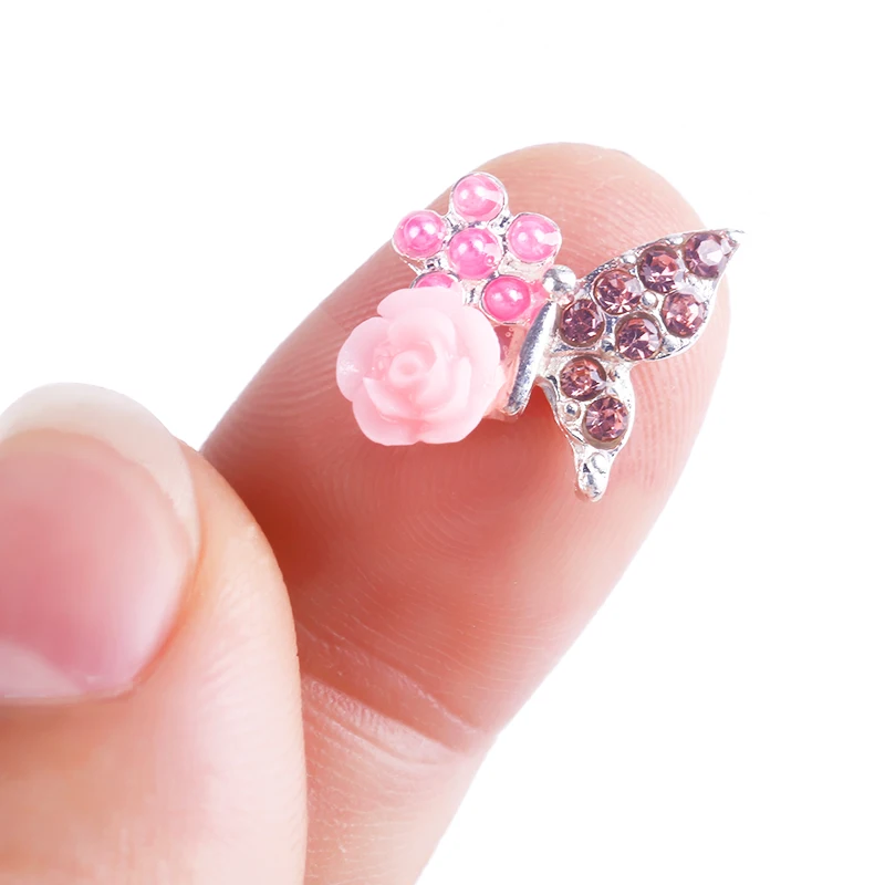 Блестящие 10 шт Стразы бабочки 3d украшения для дизайна ногтей с розой сплав