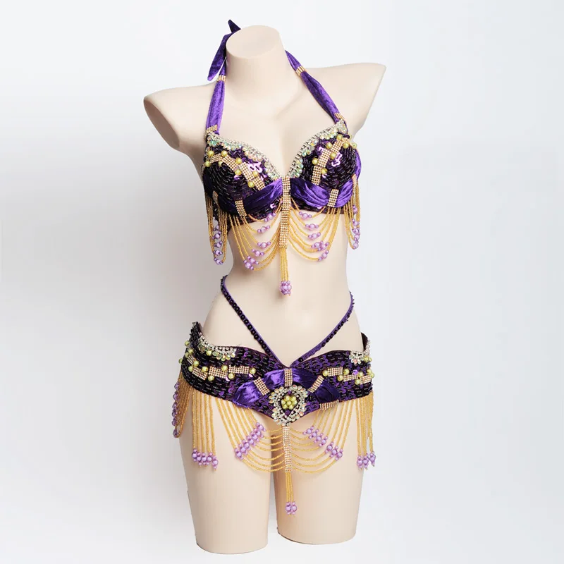 Purple Горячий Сияющий костюм для танца живота, сексуальный костюм для танца живота, карнавальный комплект, одежда для танца живота, Клубная одежда для ночного представления, 1110: бюстгальтер и пояс - Цвет: Purple