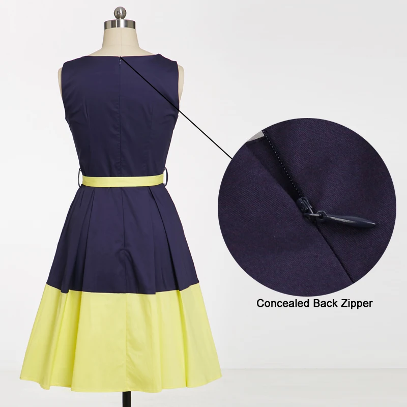 Tonval Navy Blue and Yellow Color-block Vintage Retro Dress Women Belted Slim Fit Pocket Office Ladies Pleated Cotton Dresses | Женская