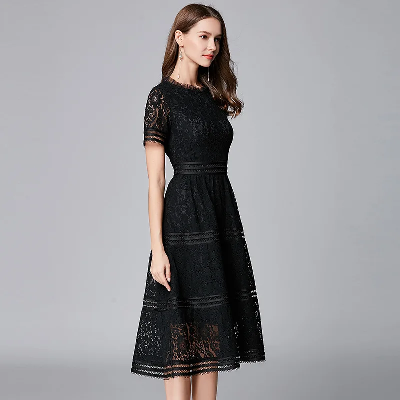 Vestidos De Verano Mujer женские новые трапециевидные темпераментные кружевные открытые с большим подолом элегантное черное платье
