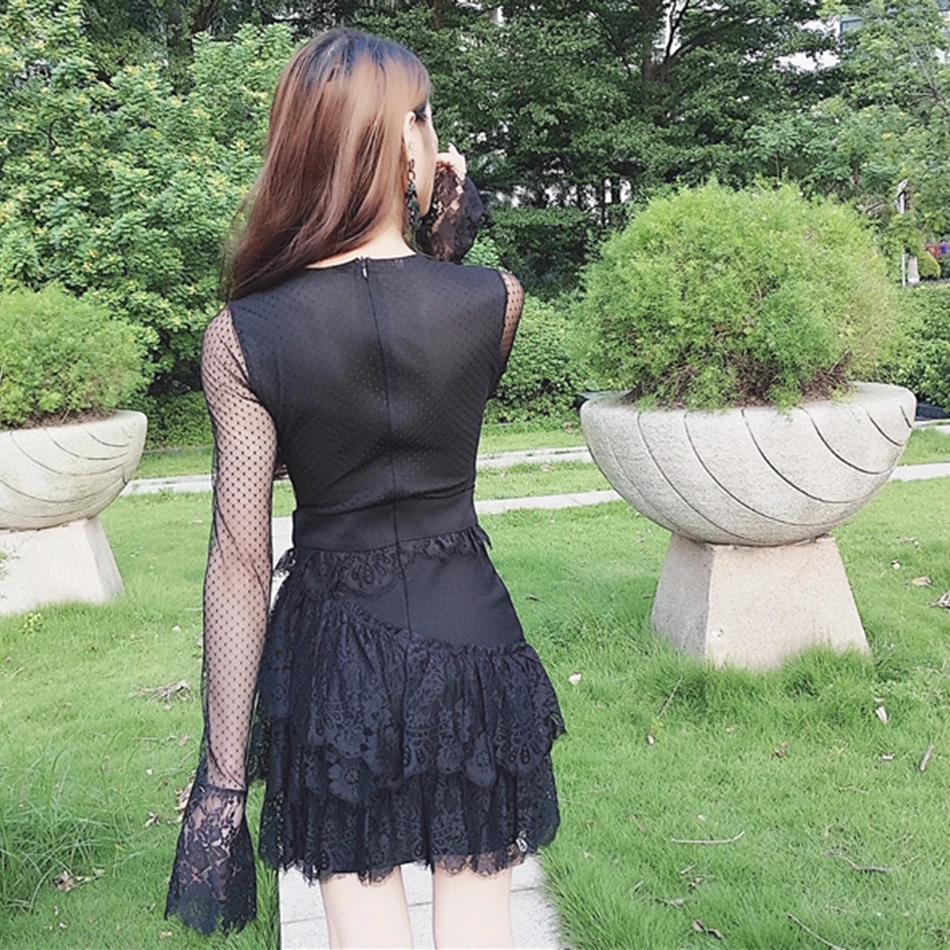 2018 зимнее Новое Бандажное платье Черное женское с длинными рукавами и круглым