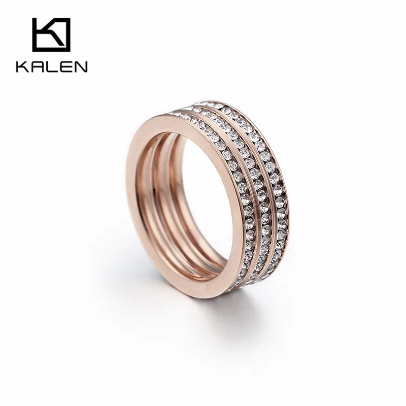 KALEN Модные кольца для женщин три цвета из нержавеющей стали и все Rhinestone кольца для пальцев Свадебные наборы женские ювелирные кольца Подарки - Цвет основного камня: All Rose Gold
