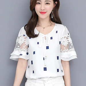 Женская шифоновая блузка в полоску, с цветочным принтом и коротким рукавом