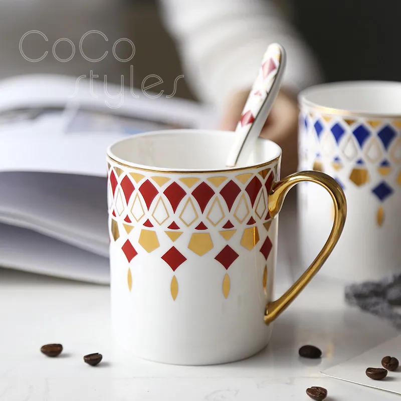 Cocostyles InsFashion creative coffee ceramic mugs with gold handle and pattern for woman gift sets | Mugs