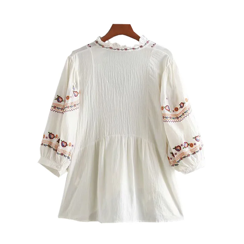 Винтаж Chic Цветочный Вышивка плиссированные топы, женские блузки Мода г. V средства ухода за кожей Шеи фонари рукавом дамы рубашки для мальчико