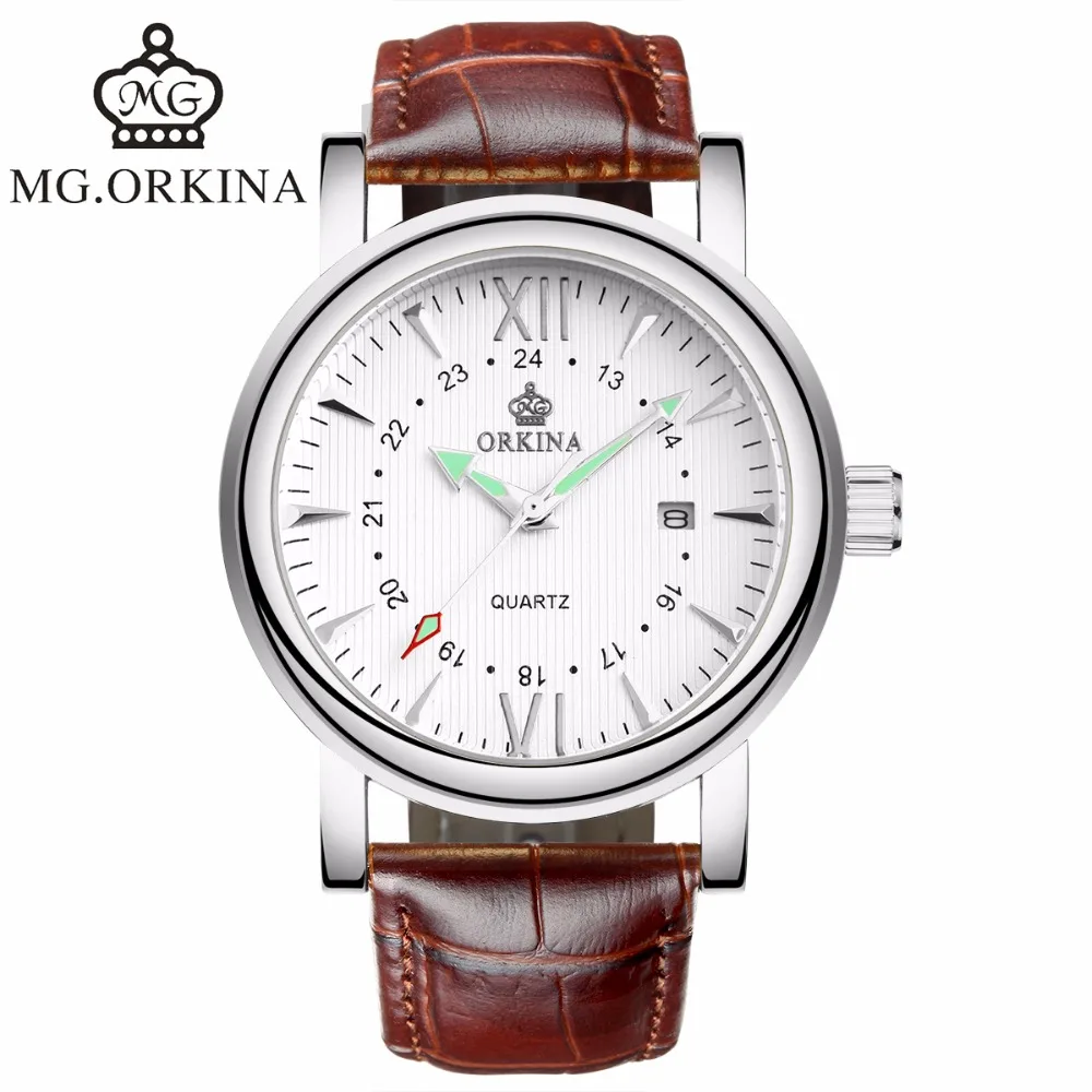 ORKINA светящиеся стрелки мужские часы роскошный ремешок Кварцевые Золотые ободки