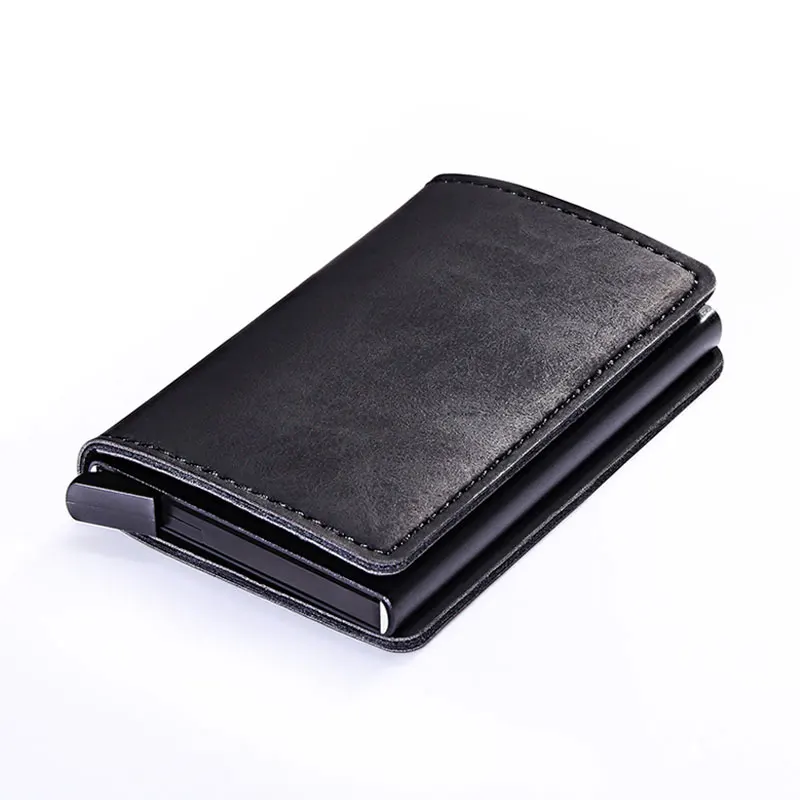 black RFID блокировка винтажный автоматический кожаный кредитный держатель для карт для мужчин алюминиевый сплав металл бизнес ID многофункциональный держатель для карт кошелек - Цвет: black
