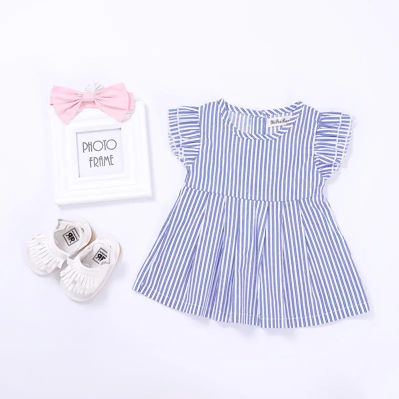 Модное платье в полоску для маленьких девочек летняя футболка с короткими
