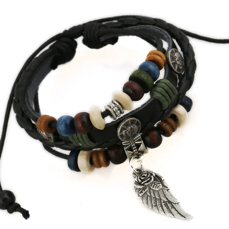 Retro Punk Fashion Style Charm Leather Bracelets Leaf Pendant Beaded Strands Gift For Man Women Family Present Hot Sale | Украшения и