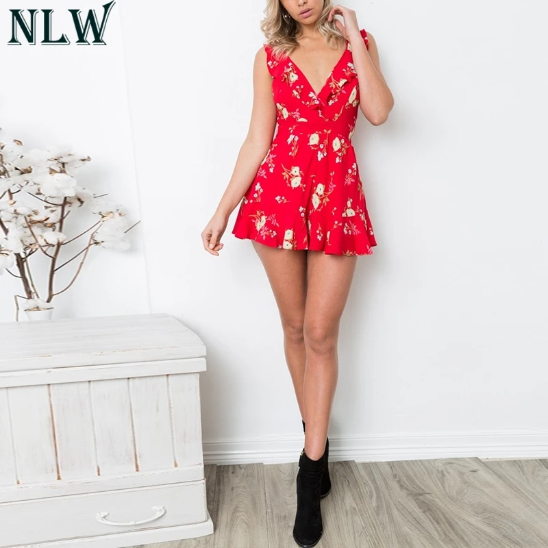 NLW красный комбинезон с цветочным принтом оборками и v образным вырезом летний