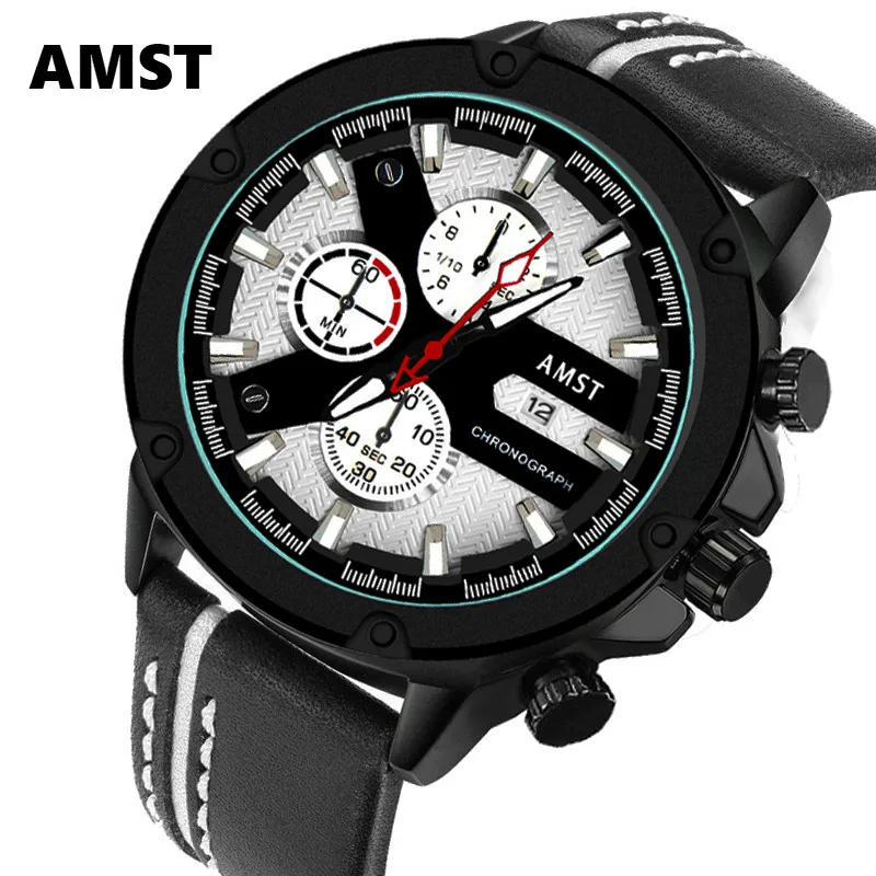 AMST модные мужские часы кожа водонепроницаемые спортивные с хронографом Топ