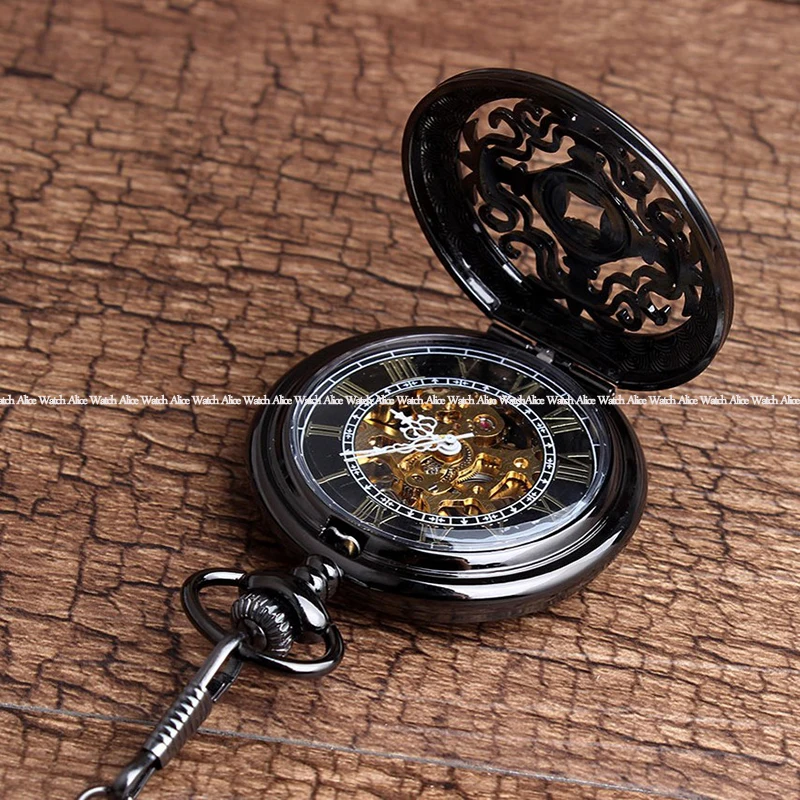 Ретро механические полые черные винтажные карманные часы стимпанк Скелет ручной