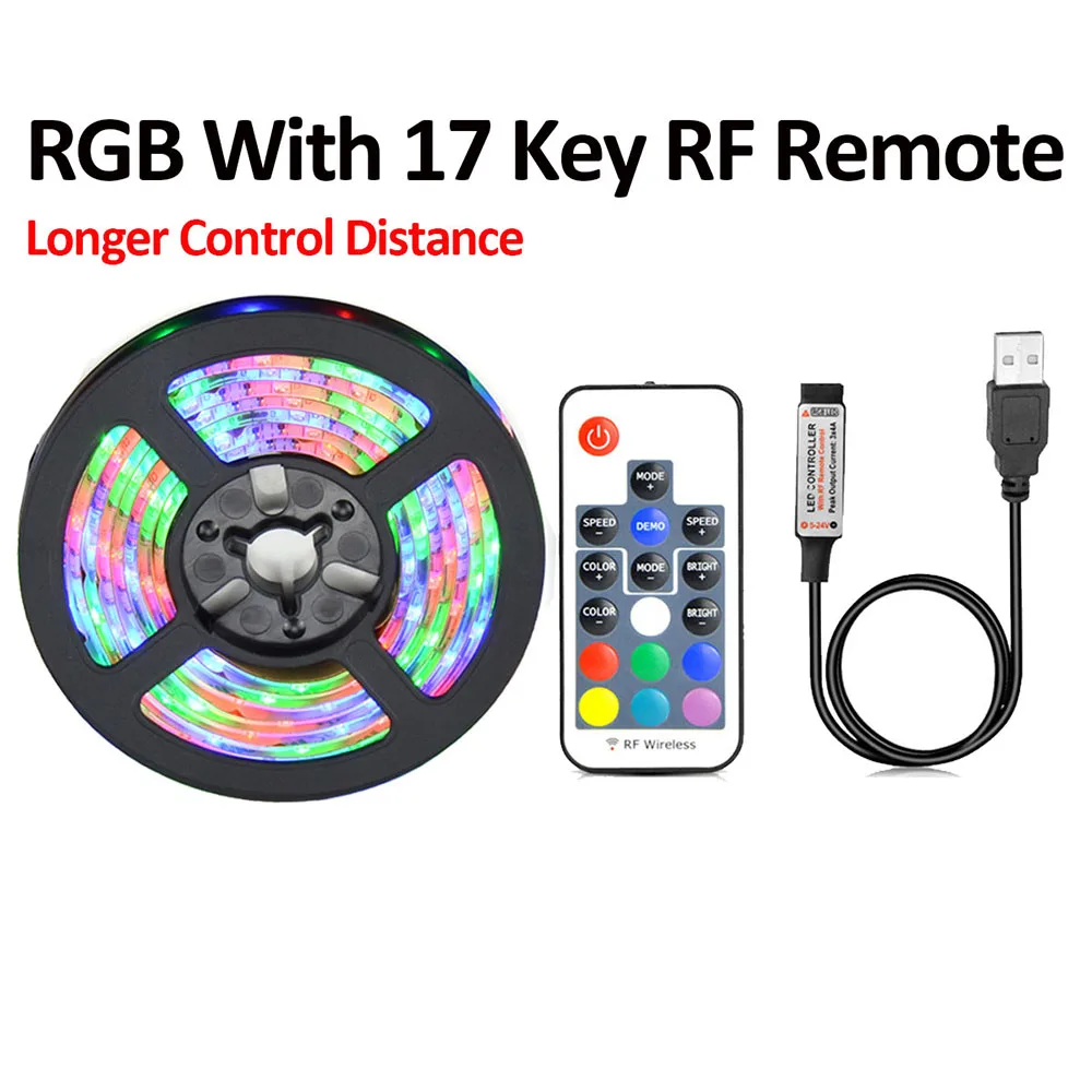 RGB With RF Remote Светодиодная лента с питанием от USB, подсветка для телевизора, 5 В, Диод красный-зеленый-синий, Белая теплая белая лента, украшение для дома - Испускаемый цвет: RGB With RF Remote