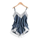 Женский пижамный комплект, сексуальное ночное белье без рукавов, на тонких бретелях, кружевная отделка, Атласный топ на бретельках, шорты, пижамный комплект, домашняя одежда