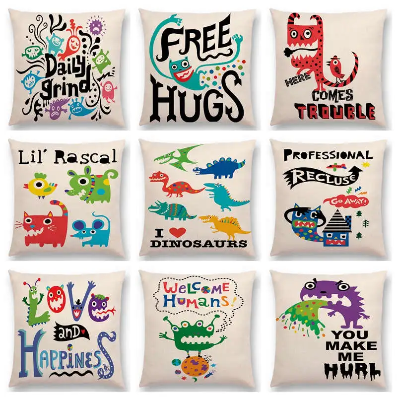 Colorful Decorative Letters Rainbow Cute Little Monsters Funny Rascal Energetic Life Cushion Cover Home Decor Sofa Pillow Case
