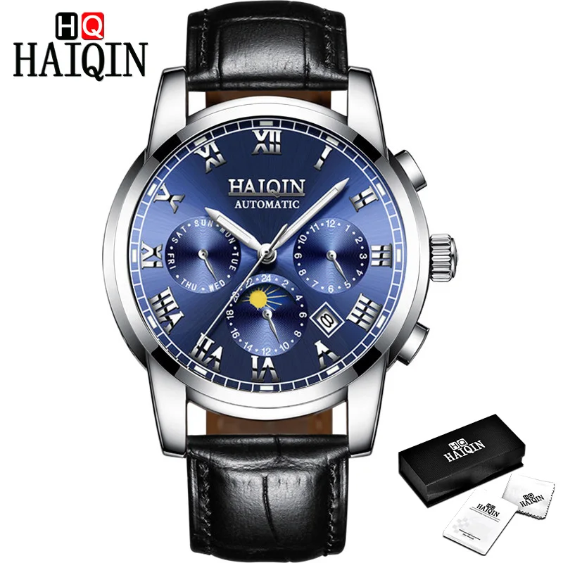 Silver-Blue L-Black HAIQIN мужские часы, мужские часы, новые механические мужские часы, роскошные черные модные спортивные часы, водонепроницаемые военные мужские часы - Цвет: Silver-Blue L-Black