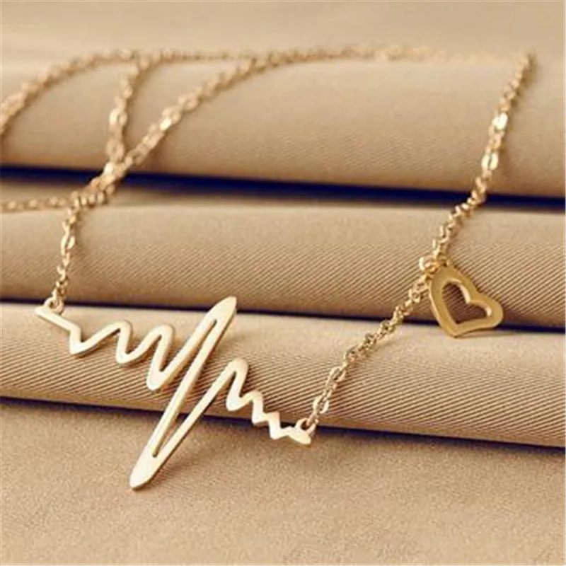 Simple Wave Heart Necklace Chic Ecg Pulse Charm Pendant Necklace Lightning Women Vintage Fashion Jewelry Accessories Gold Color