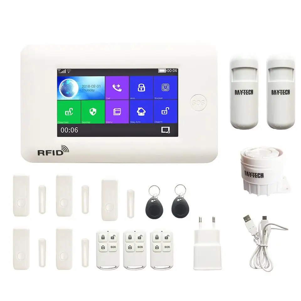 DAYTECH WiFi GSM сигнализация, система безопасности, ЖК-дисплей, цветной сенсорный экран, беспроволочная домашняя система DIY, GSM система, 8 языков, детектор движения, пожарный датчик - Цвет: TA03WH-Kit3