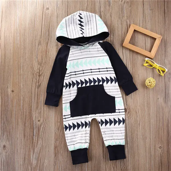 Newborn Baby Boys Infant Hooded Romper Jumpsuit Long Sleeve Autumn Winter Children Clothing Black White Cotton Clothes Outfits |