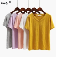 womens cotton t shirt summer tee basic shirts women solid v neck short sleeve casual big size female tops femme tees