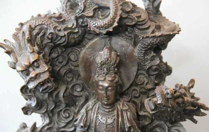 SCY S0524 16 &quotКитайский Бронзовый Ru Yi Seat Nine Dragon Kwan-yin Guan Yin Boddhisattva статуя | Дом и сад