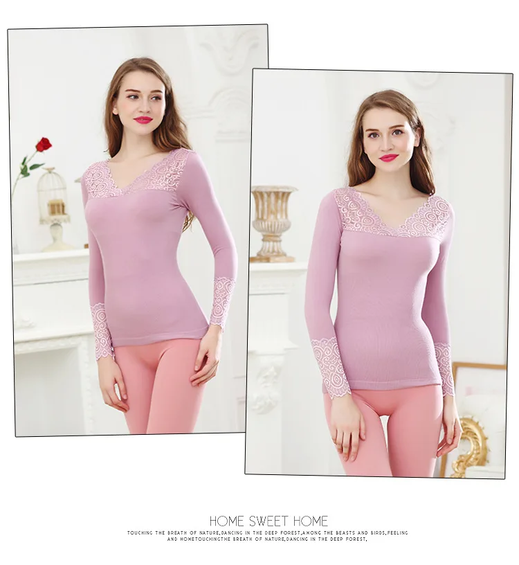 Fashion Sweety Purple Thermo Underwear Women Sexy Lace Thermal Clothes Female Elegant V-neck Winter Lingerie Lady Slim Warm Tops |
