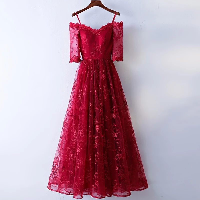 

New Wine red Embroidery Lace Tulle Boat Neck Zipper A Line Half Sleeves Evening Dresses Party Vestido De Festa Prom Gowns Long