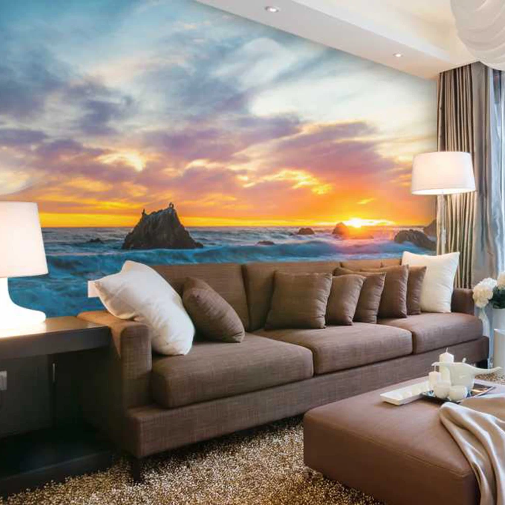 Закат пляж гостиная фон 3D обои фотообои 3d papel де сравнению PW1500205415|papel de pared|papel de3d |