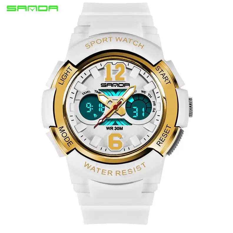 Gold white Детские часы SANDA Топ люксовый бренд цифровые часы водонепроницаемые спортивные часы электронные наручные часы Детские часы для детей - Цвет: Gold white