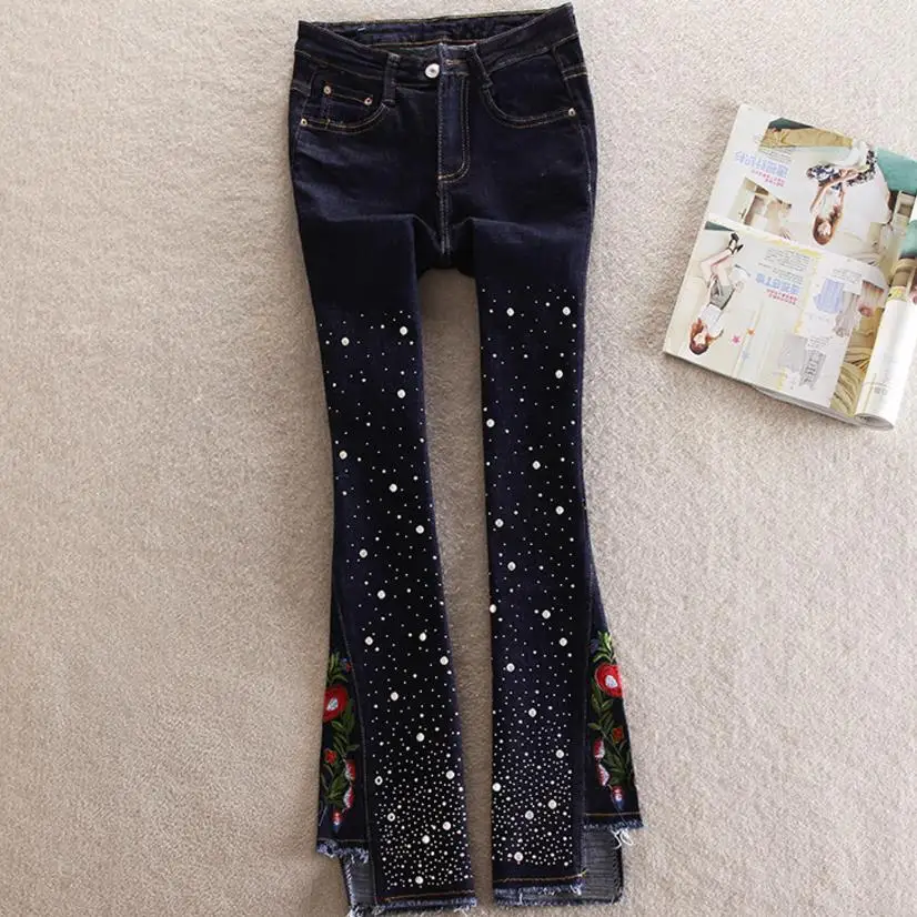 Джинсы женские расклешенные брюки со стразами эластичные с вышивкой|Джинсы клеш|