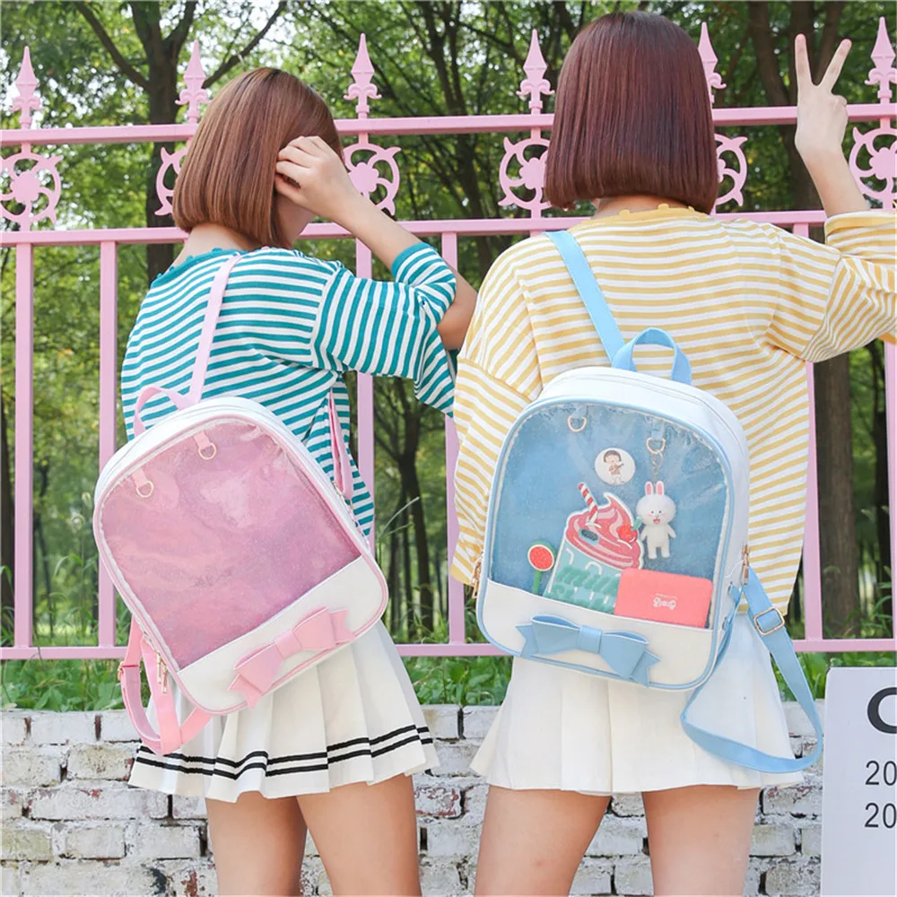 

Women Backpack Transparent Cute Bow Bags For School Mini Pink Black Schoolbags